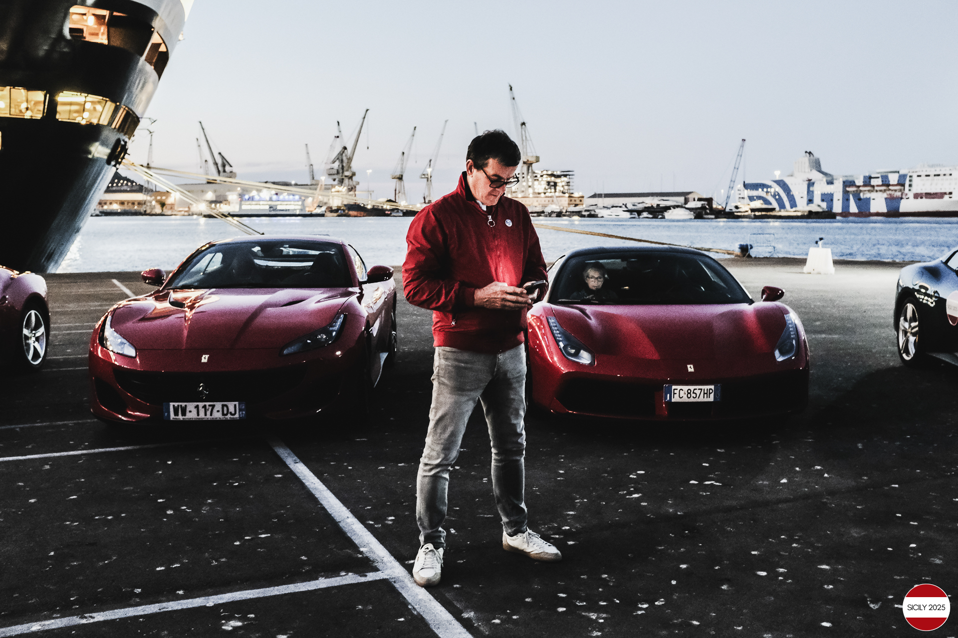 Parking of the Ferraris in front of the Amerigo Vespucci sailing ship immediately after disembarking from the ship in Palermo. 