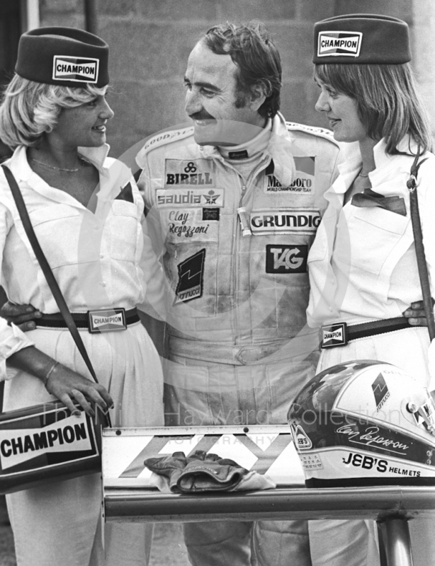 Clay Regazzoni having a Champion time in the pit lane at the 1979 British Grand Prix in Silverstone.