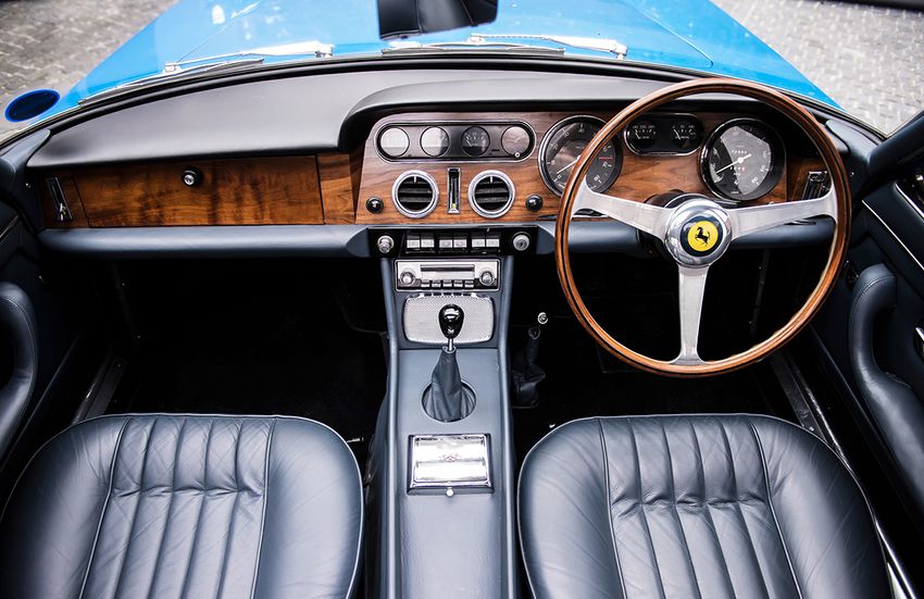 The interior of John Lennon’s beautiful blue Ferrari 330 GT 2+2 Coupe.
