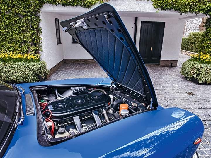 The engine of John Lennon’s beautiful blue Ferrari 330 GT 2+2 Coupe.