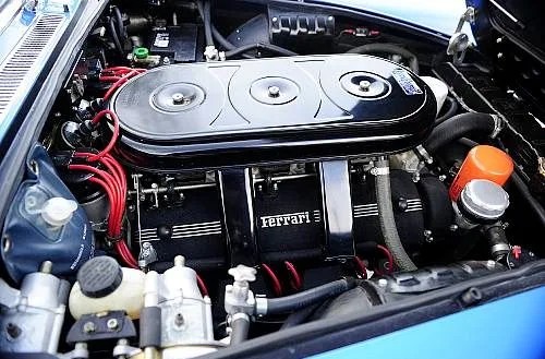 The engine of John Lennon’s beautiful blue Ferrari 330 GT 2+2 Coupe.