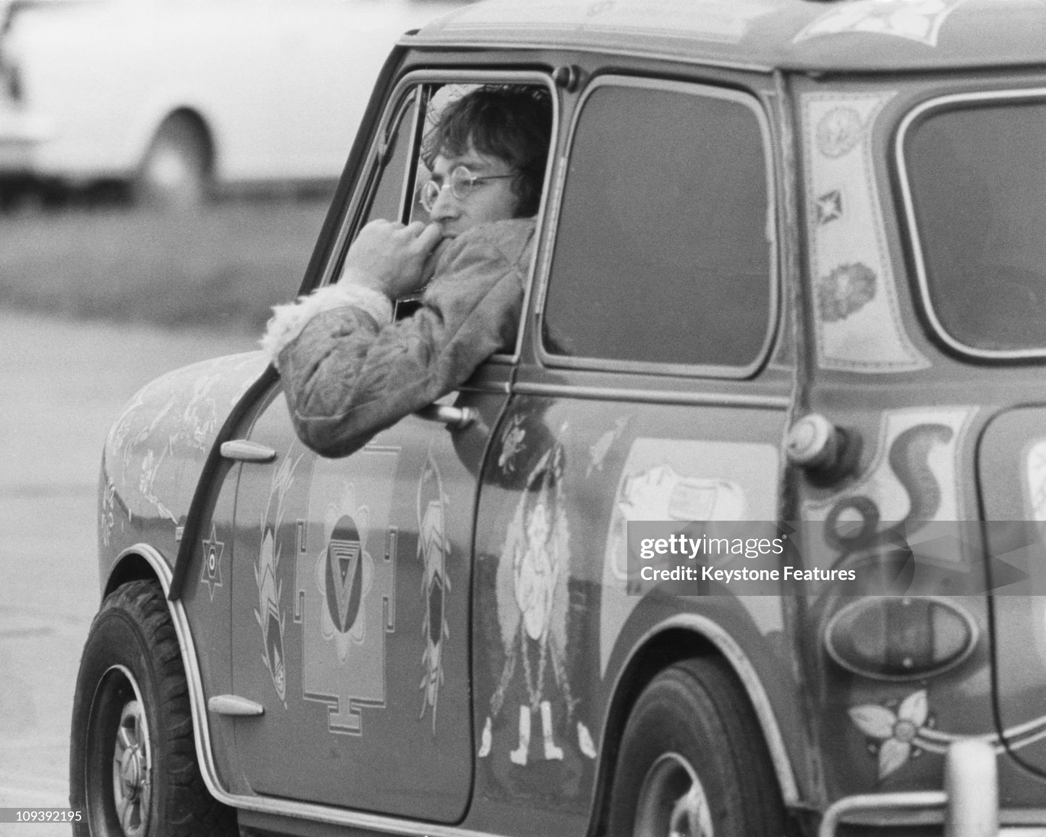 John Lennon in a psychedelic Radford Mini de Ville owned by George Harrison at West Malling Airfield, Kent, on 07 November 1967. 