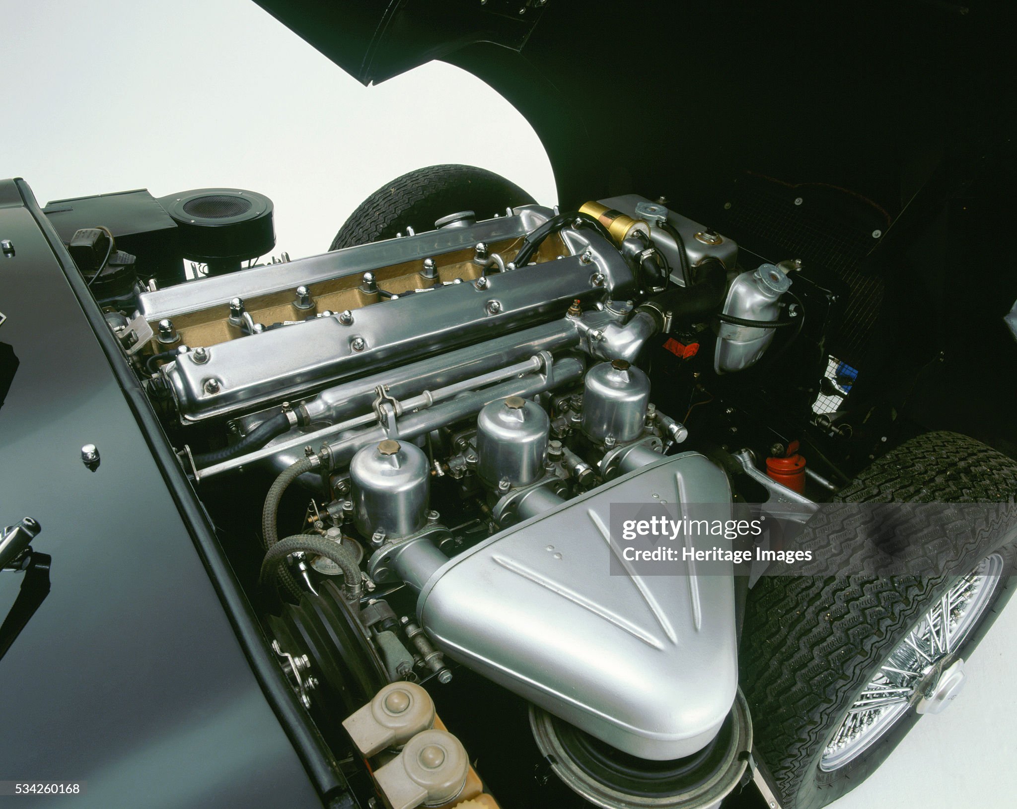 The engine of the 1964 Jaguar E type 3.8 fixed head coupe ex George Harrison owned. 