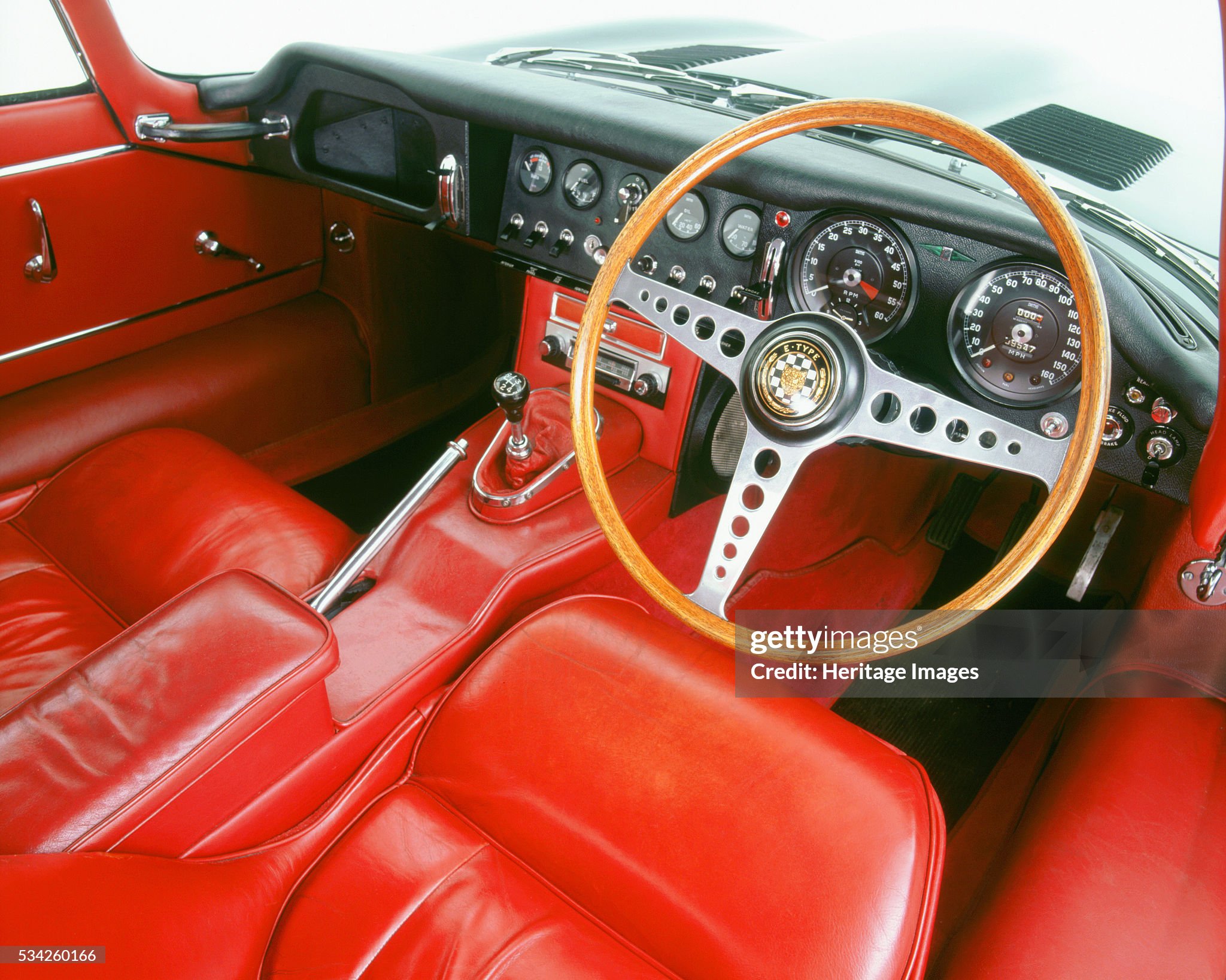 The interior of the 1964 Jaguar E type 3.8 fixed head coupe ex George Harrison owned. 