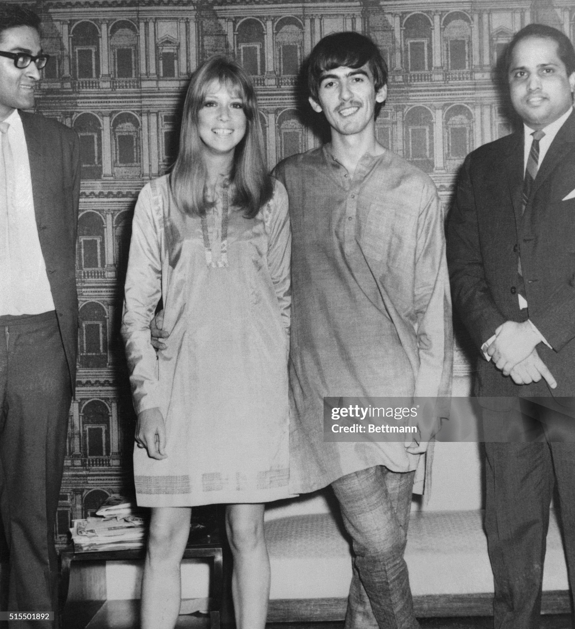 George Harrison and his wife Patti Boyd wearing traditional Indian attire in Bombay on 29 September 1966. 