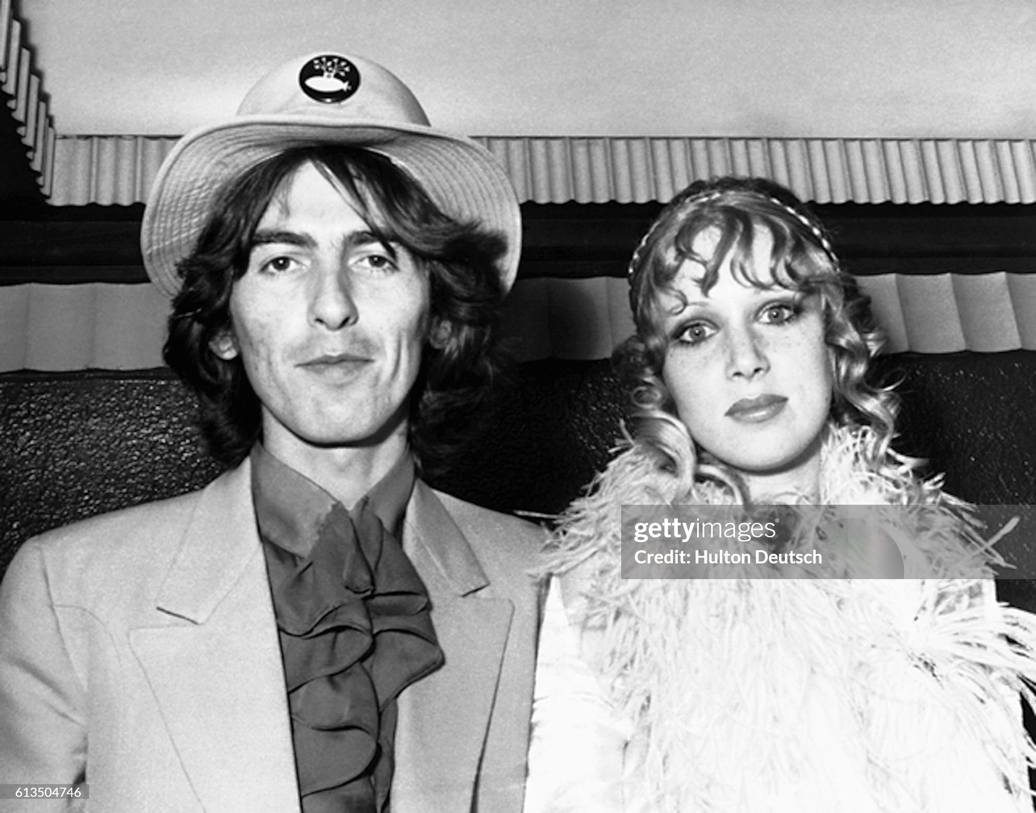 George Harrison and Patti Boyd Harrison at the London Pavillion for the London premiere of The Beatles' film Yellow submarine.