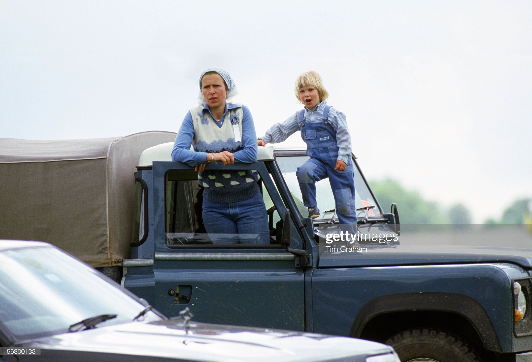 Zara Phillips with her mother, Princess Anne, at the Windsor Horse Show with their Land Rover 4-wheel drive vehicle on May 25, 1985.