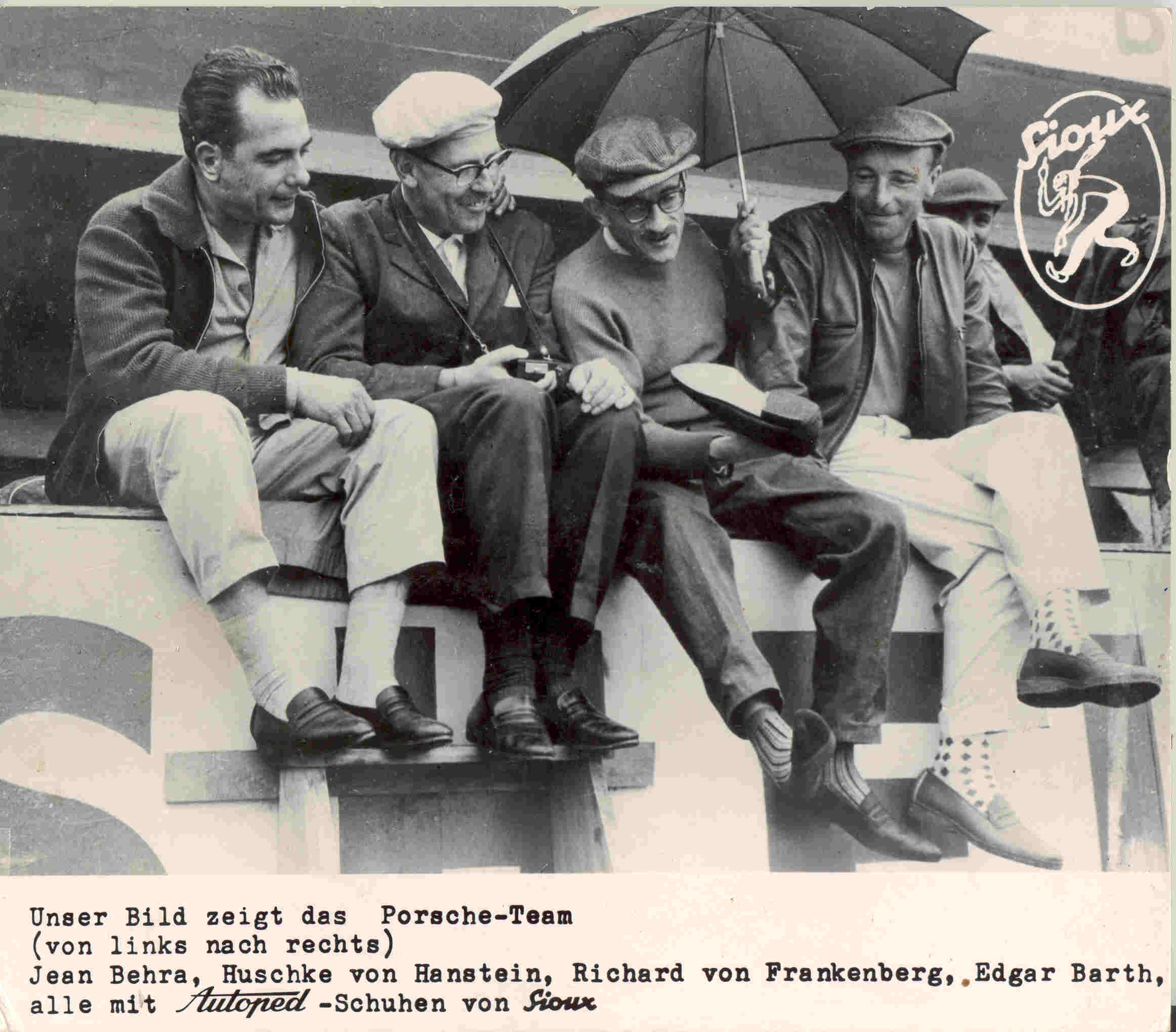 Jean Behra (left) with Fritz Huschke von Hanstein, Richard von Frankenberg and Edgar Barth.