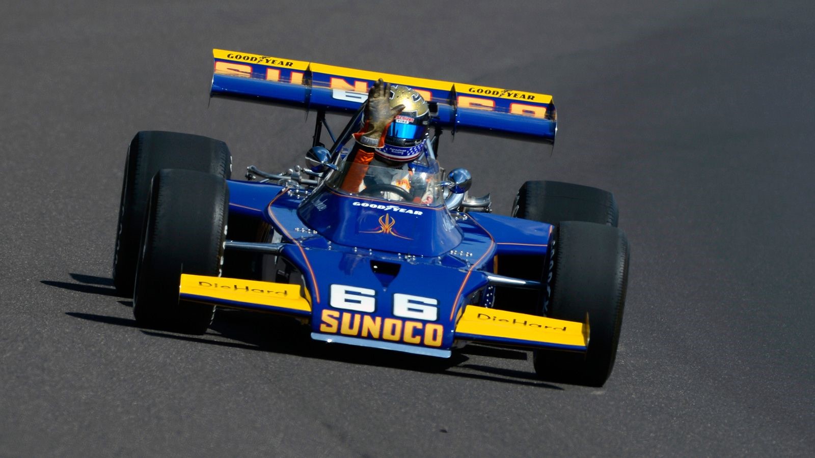 David Donohue drives his dad's 1972 Indy 500-winning car at the Indianapolis Motor Speedway in 2016. 