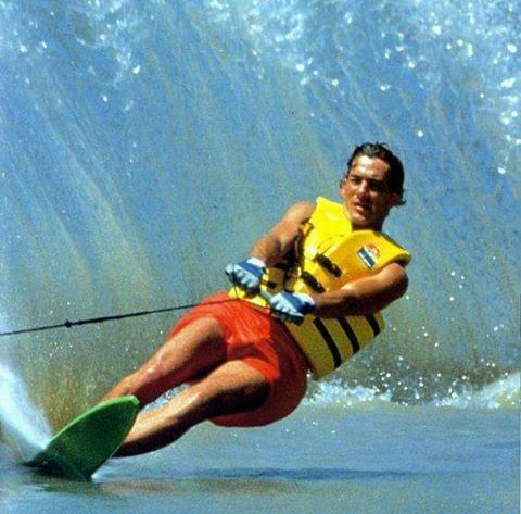 Ayrton Senna is water-skiing.