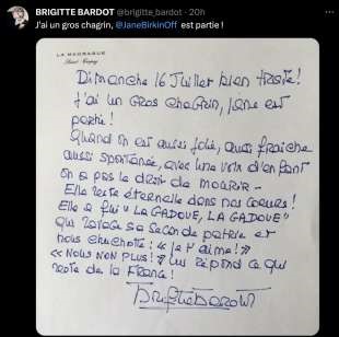 Letter from Brigitte Bardot after Jane Birkin's death on July 16, 2023.