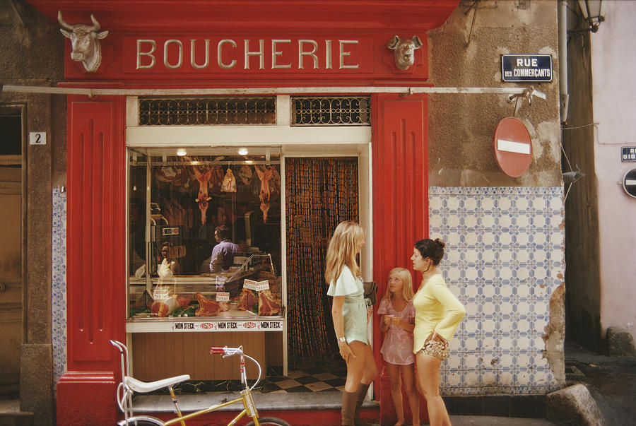 A boucherie or butcher's shop on Rue des Commercants in Saint-Tropez, on the French Riviera, August 1971.