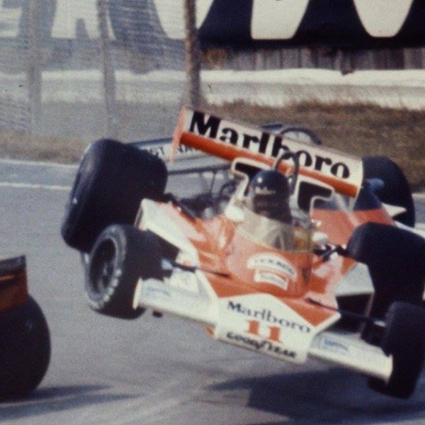 James Hunt, McLaren, having an accident.