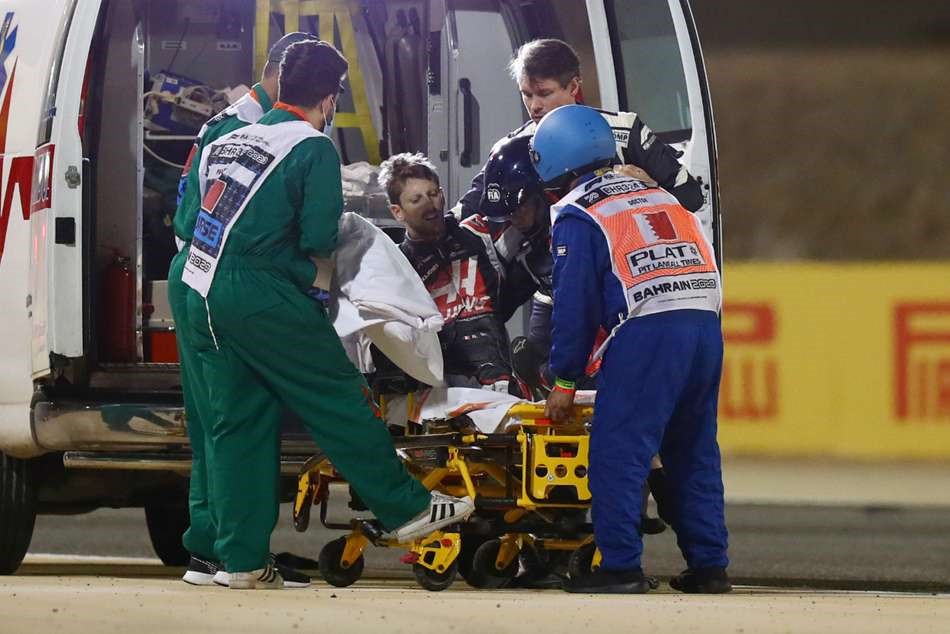 Romain Grosjean is about to enter the ambulance.