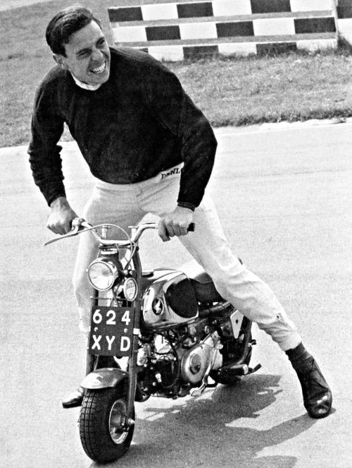 Jim Clark riding a mini bike.