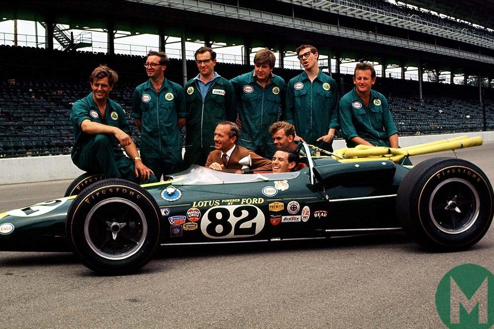 Jim Clark and his Lotus team pose during their 1965 Indianapolis 500 campaign. 