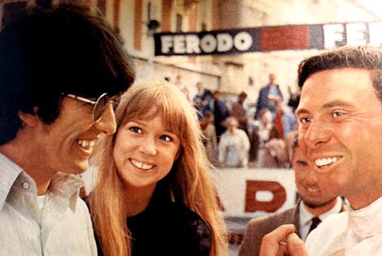 Jim Clark, George Harrison and Patty Boyd on May 22nd at the 1966 Monaco Grand Prix.