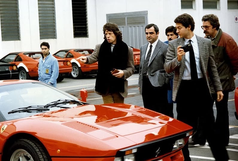 Mick Jagger picking up his Ferrari 288 GTO at Ferrari in Maranello back in 1985. 