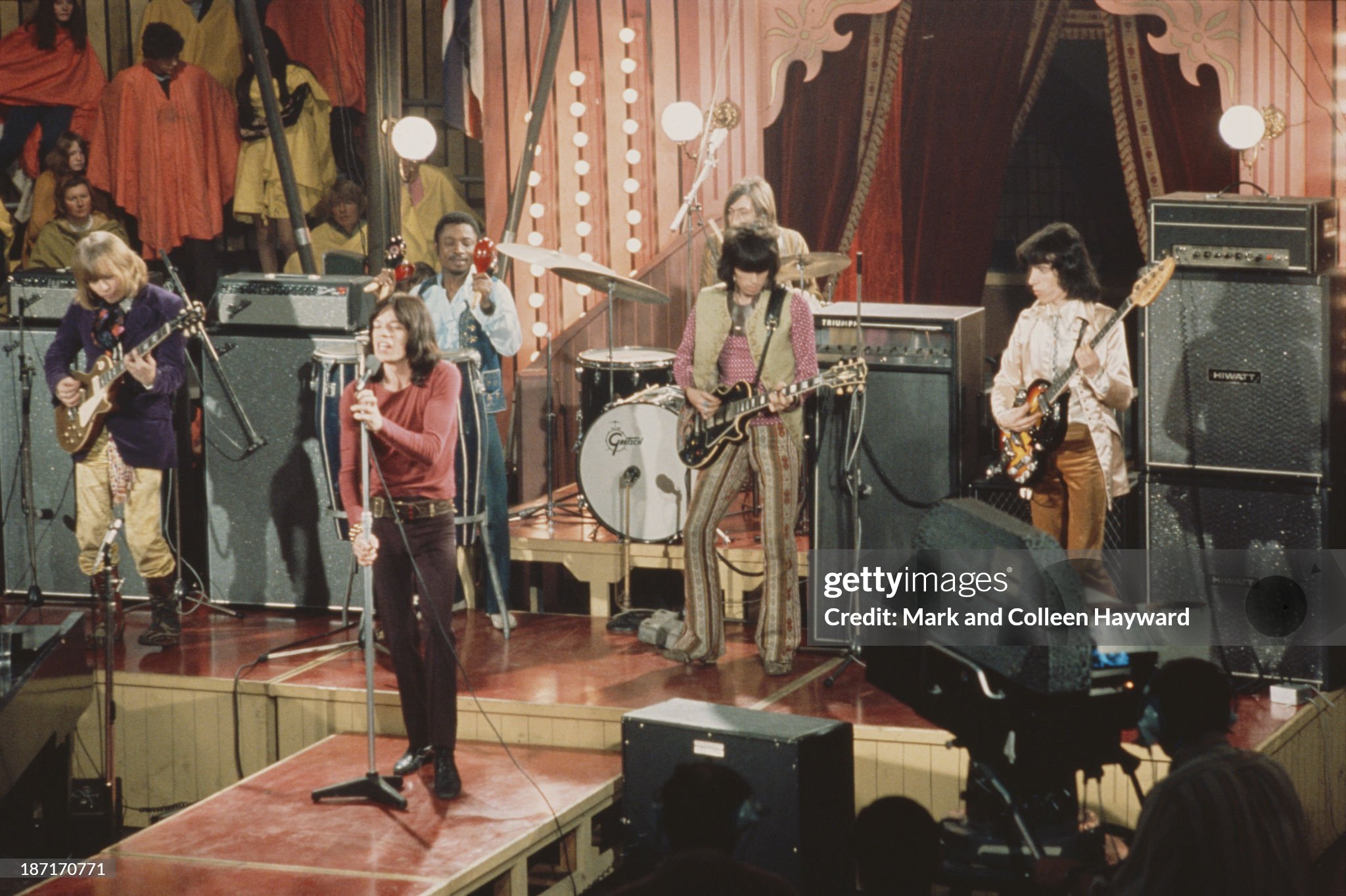 The Rolling Stones perform live on stage on the set of the Rolling Stones Rock and Roll Circus at Intertel TV Studio in Wembley, London, on 11 December 1968. 