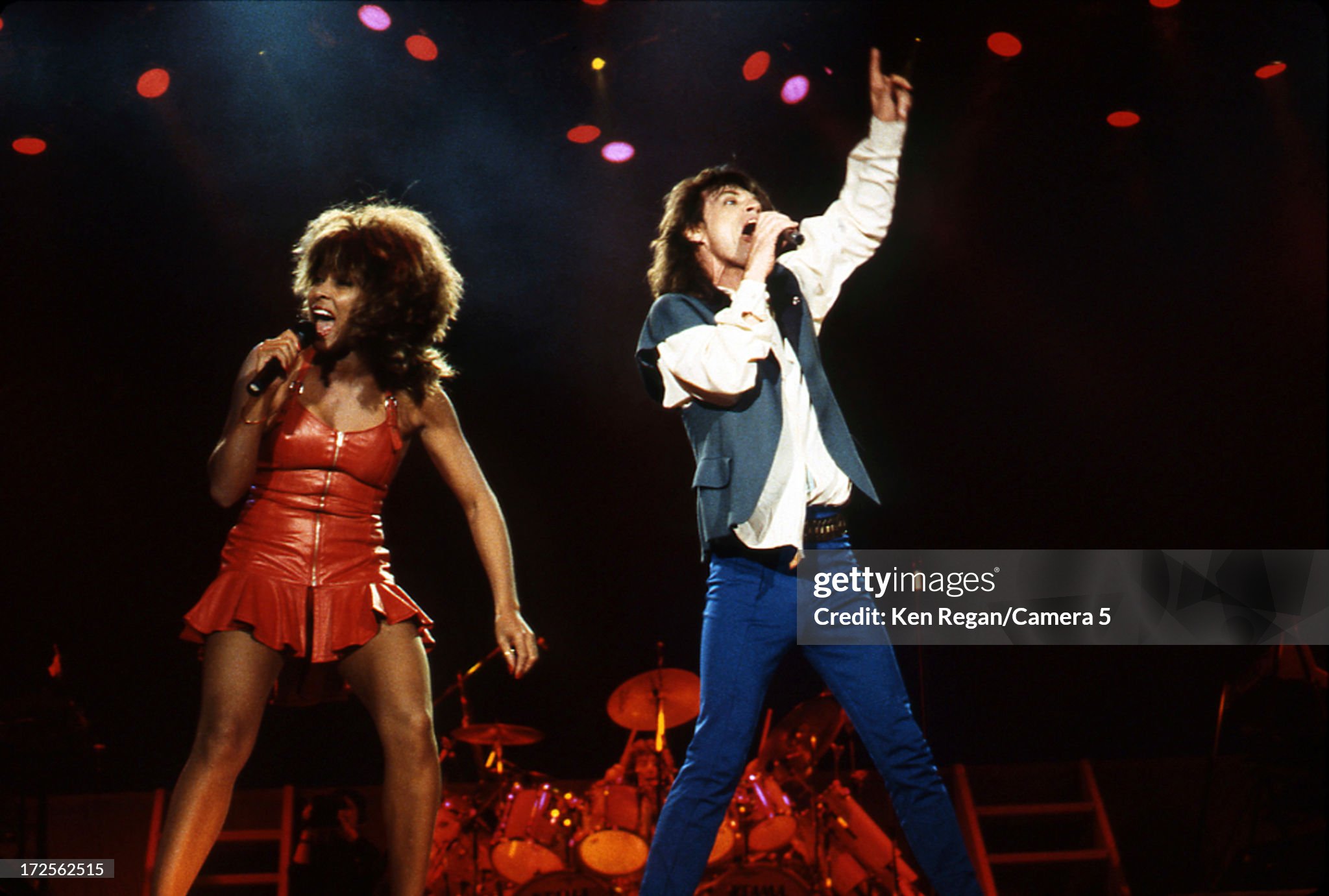 Mick Jagger and Tina Turner are photographed on stage at the Tokyo Dome on March 23, 1988. 