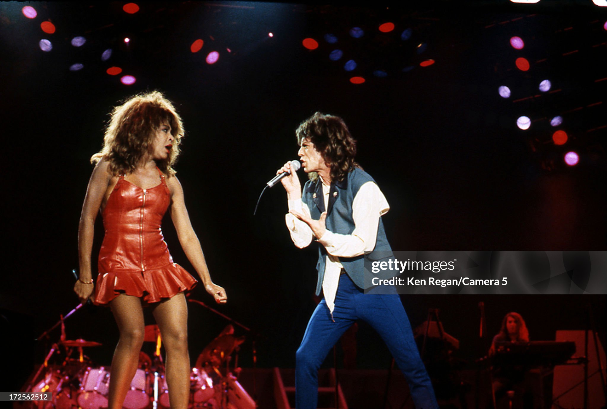 Mick Jagger and Tina Turner are photographed on stage at the Tokyo Dome on March 23, 1988. 