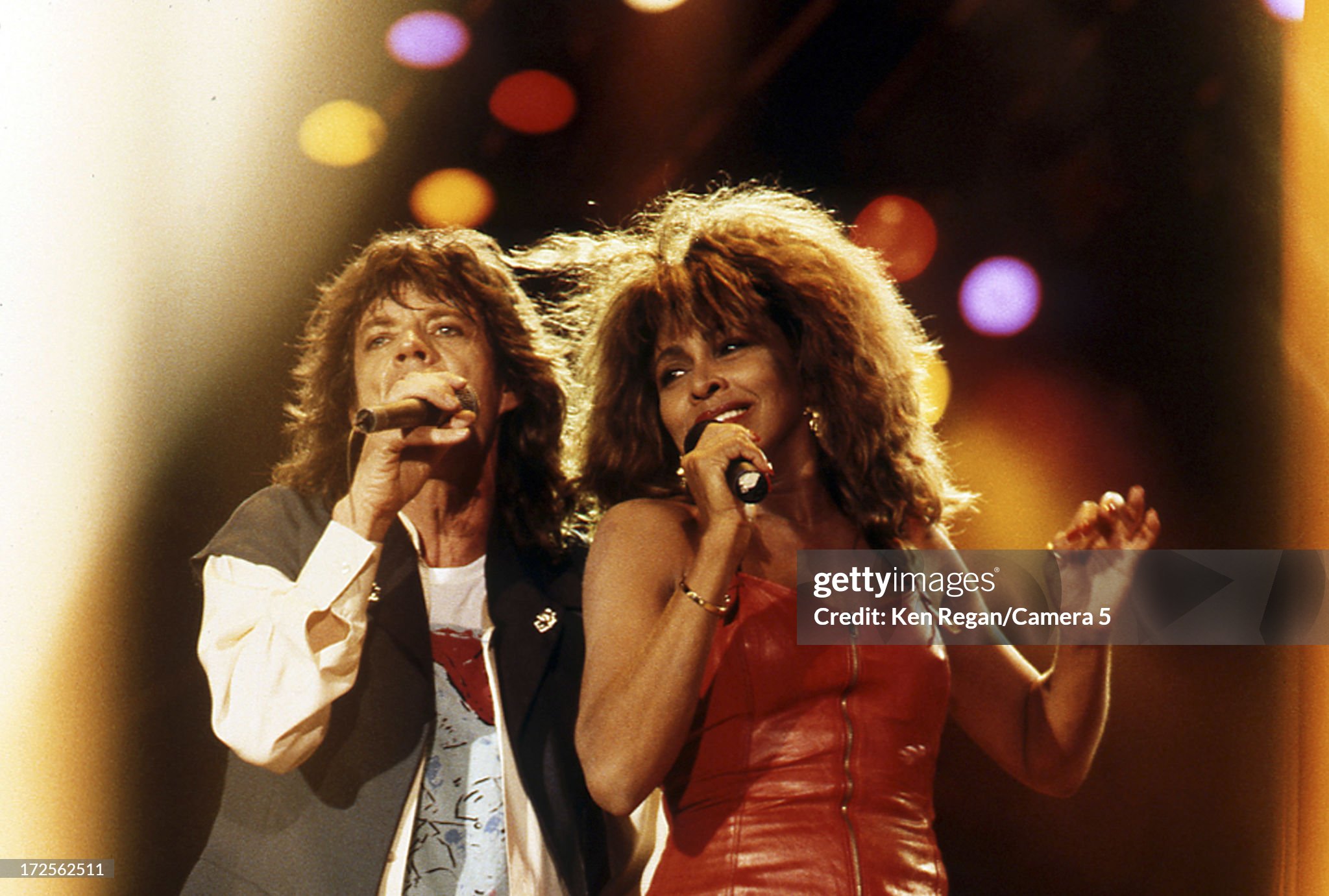 Mick Jagger and Tina Turner are photographed on stage at the Tokyo Dome on March 23, 1988. 