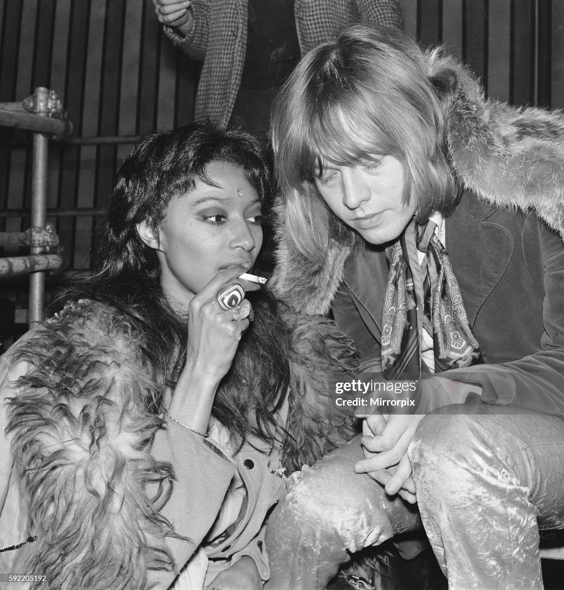 Brian Jones at the filming of the Rolling Stones Rock 'n' Roll Circus, which turned out to be his final public appearence with the Stones. He is pictured with model Donyale Luna who played the part of the fire eaters assistant in the Rock 'n' Circus on 11 December 1968. 