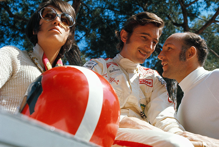 Simone Siffert, her husband Jo and Stirling Moss at Monaco in 1970. 