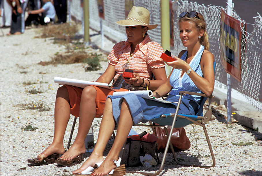 Helena Fittipaldi and Barbro Peterson timekeeping at Le Castellet in 1973.