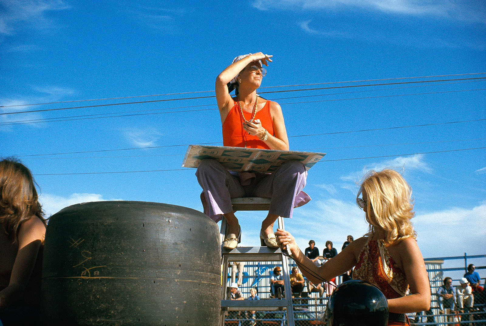 Girls keeping time at the Can-Am race at Riverside, USA, in 1973. 