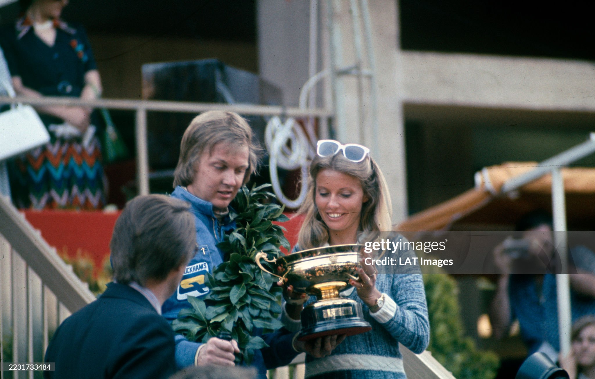 Ronnie Peterson and wife Barbro celebrate victory on the podium after the Monaco Grand Prix at Monte Carlo on May 26, 1974. 