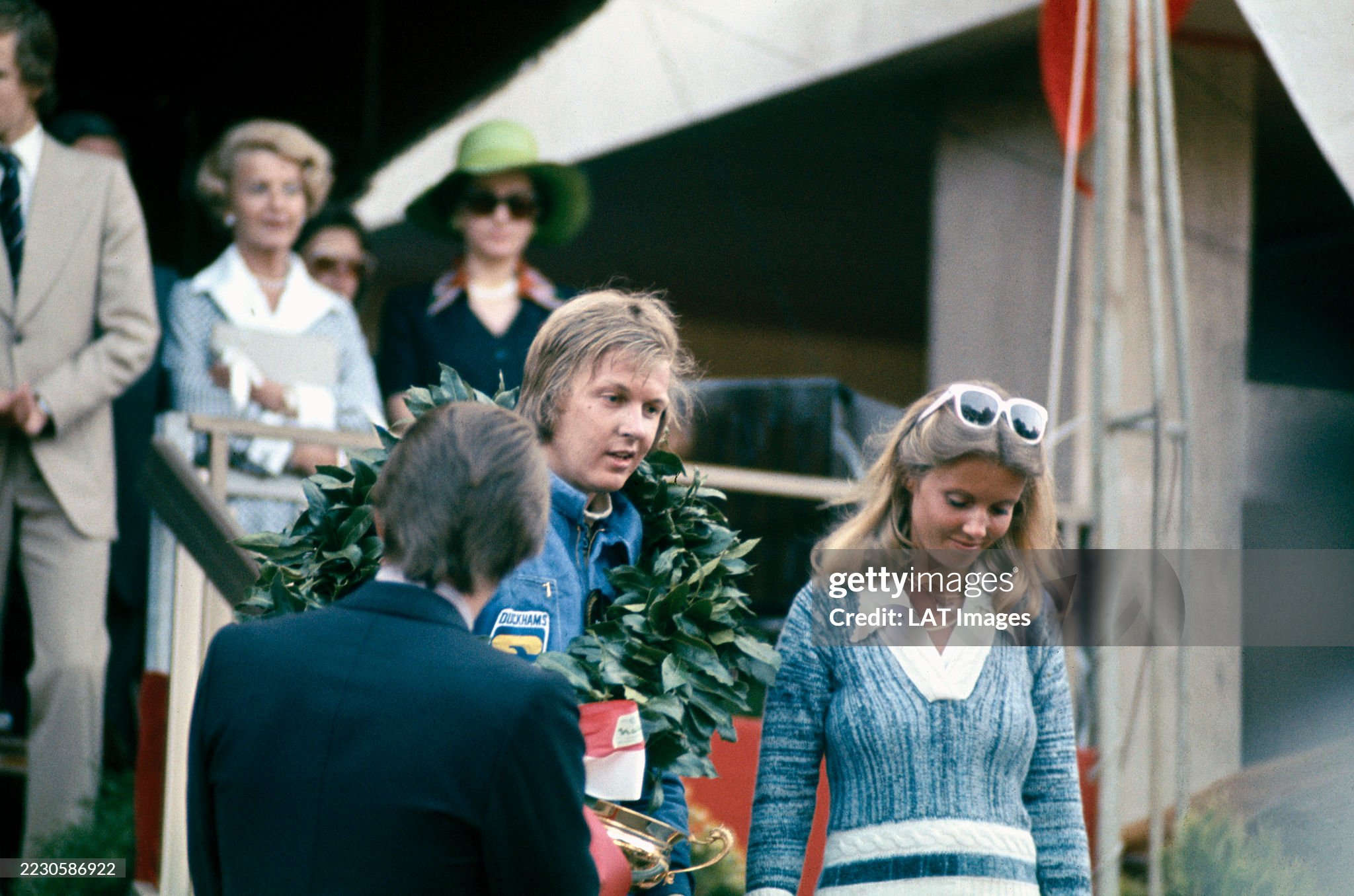 Ronnie Peterson and wife Barbro celebrate victory on the podium after the Monaco Grand Prix at Monte Carlo on May 26, 1974. 
