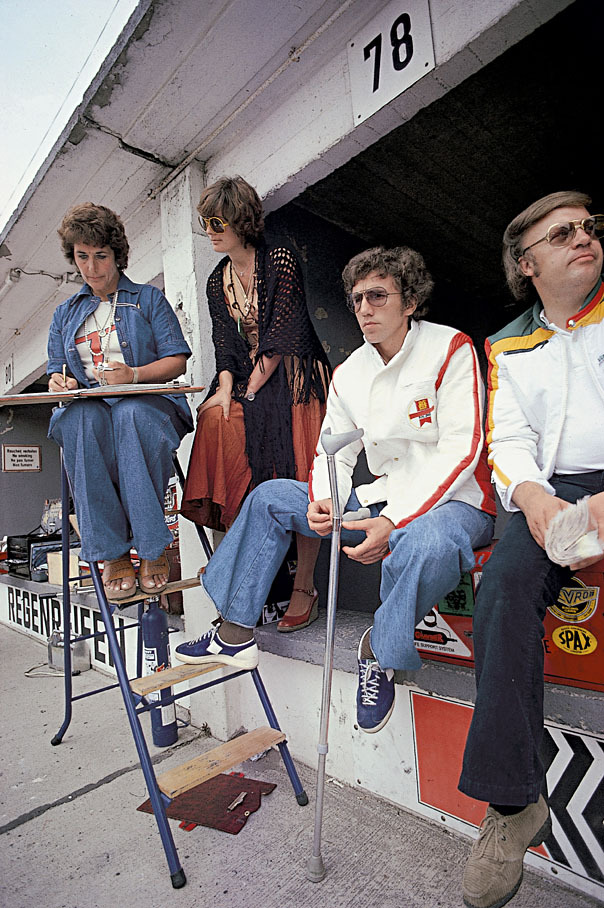 Bette Hill, Marlene Stommelen and Rolf Stommelen at Nurburgring in 1975. 