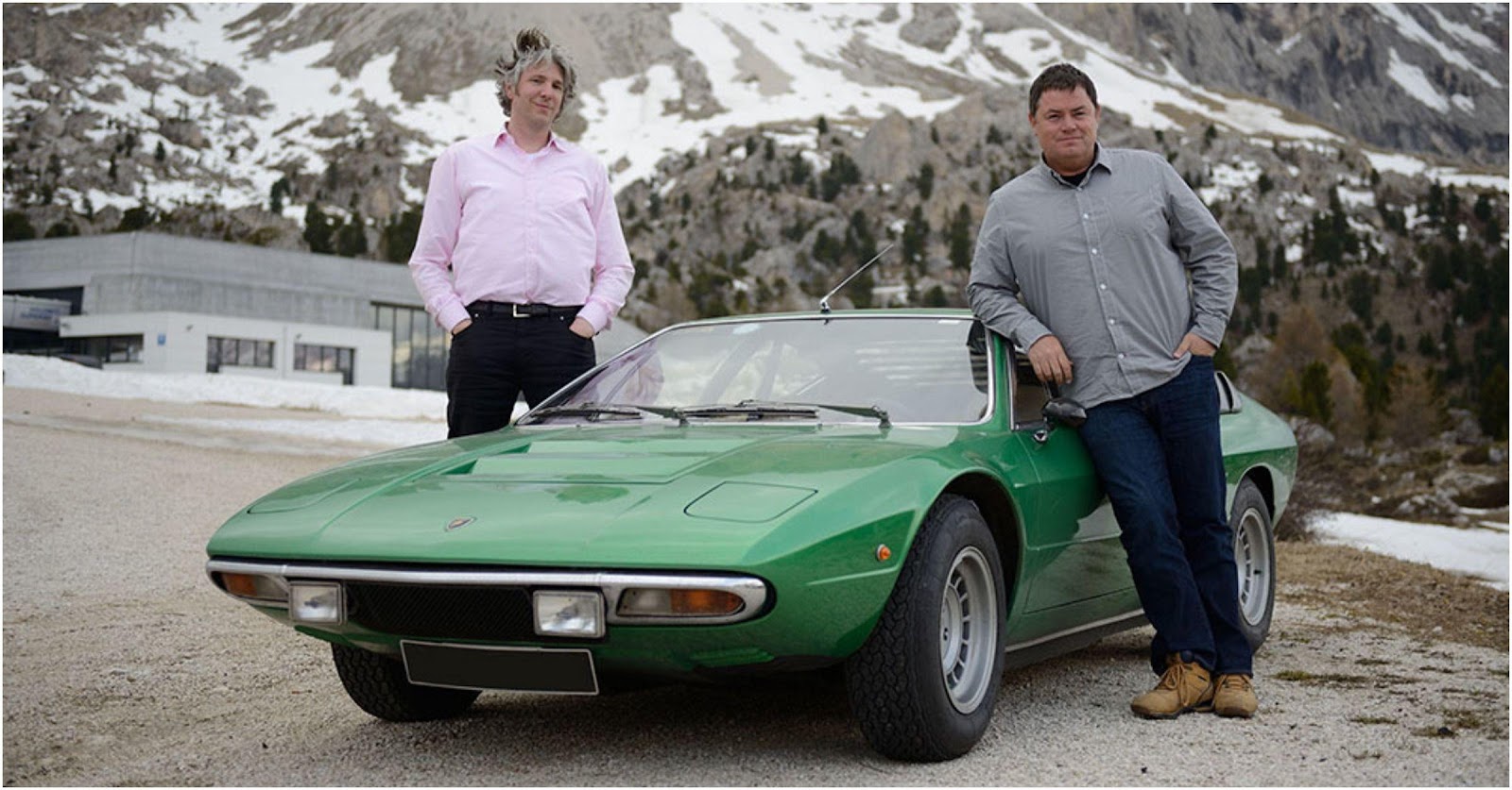 Mike, Edd and their green Lamborghini Urraco.