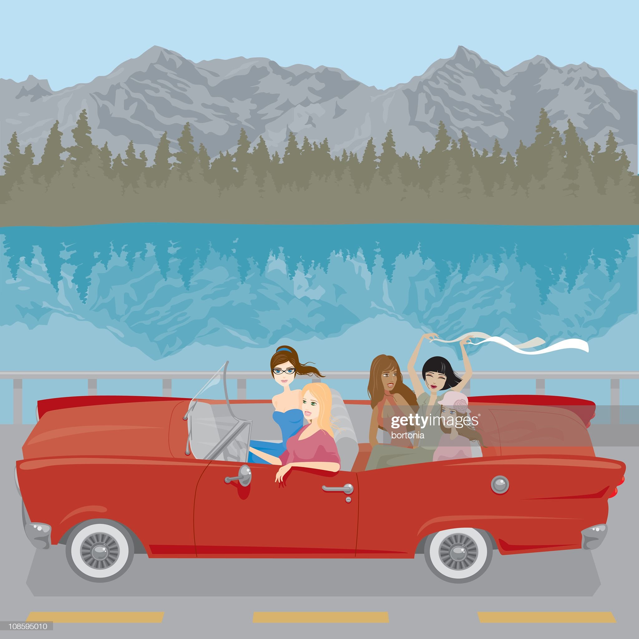 A drawing of 5 women in a spider car.