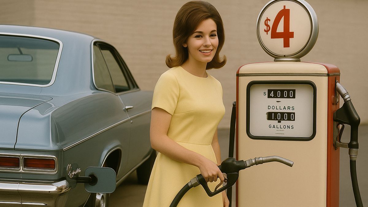 A woman with gas pump in 1965.