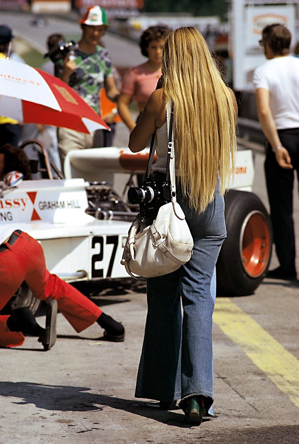 Formula 1, a female photographer at Zeltweg, Austria, in 1974. 