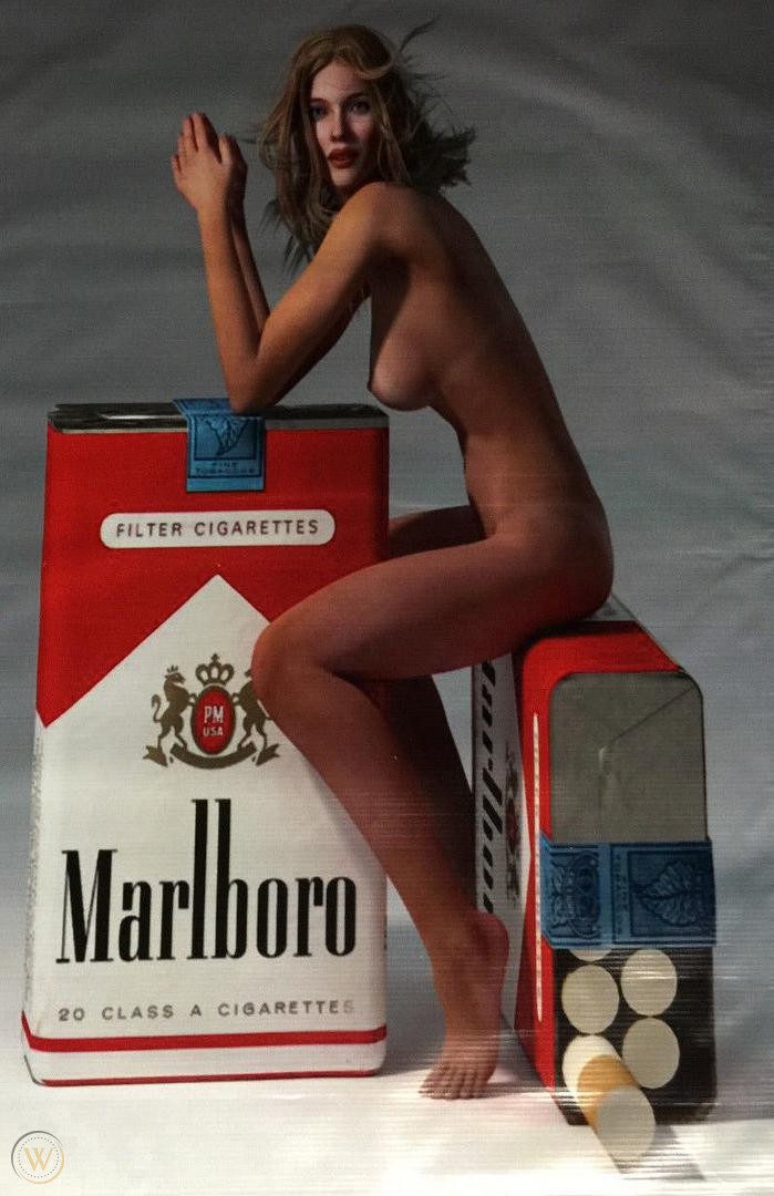 A Marlboro girl with the cigarettes box banner