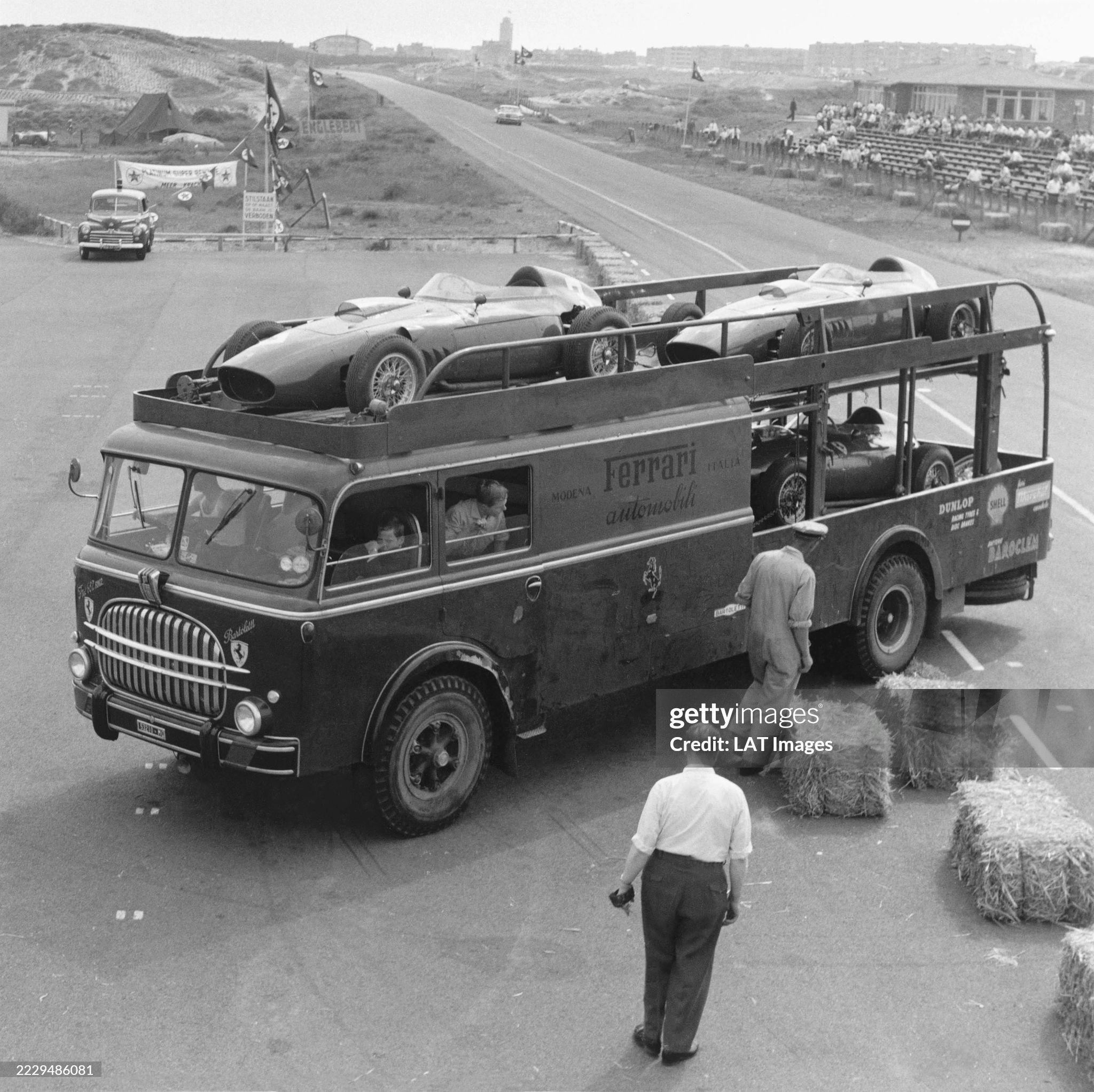 The Ferrari transporter arrives with the Dino 246 cars of Phil Hill, Wolfgang von Trips and Richie Ginther at the Dutch Grand Prix in Zandvoort, Holland, on 06 June 1960. 