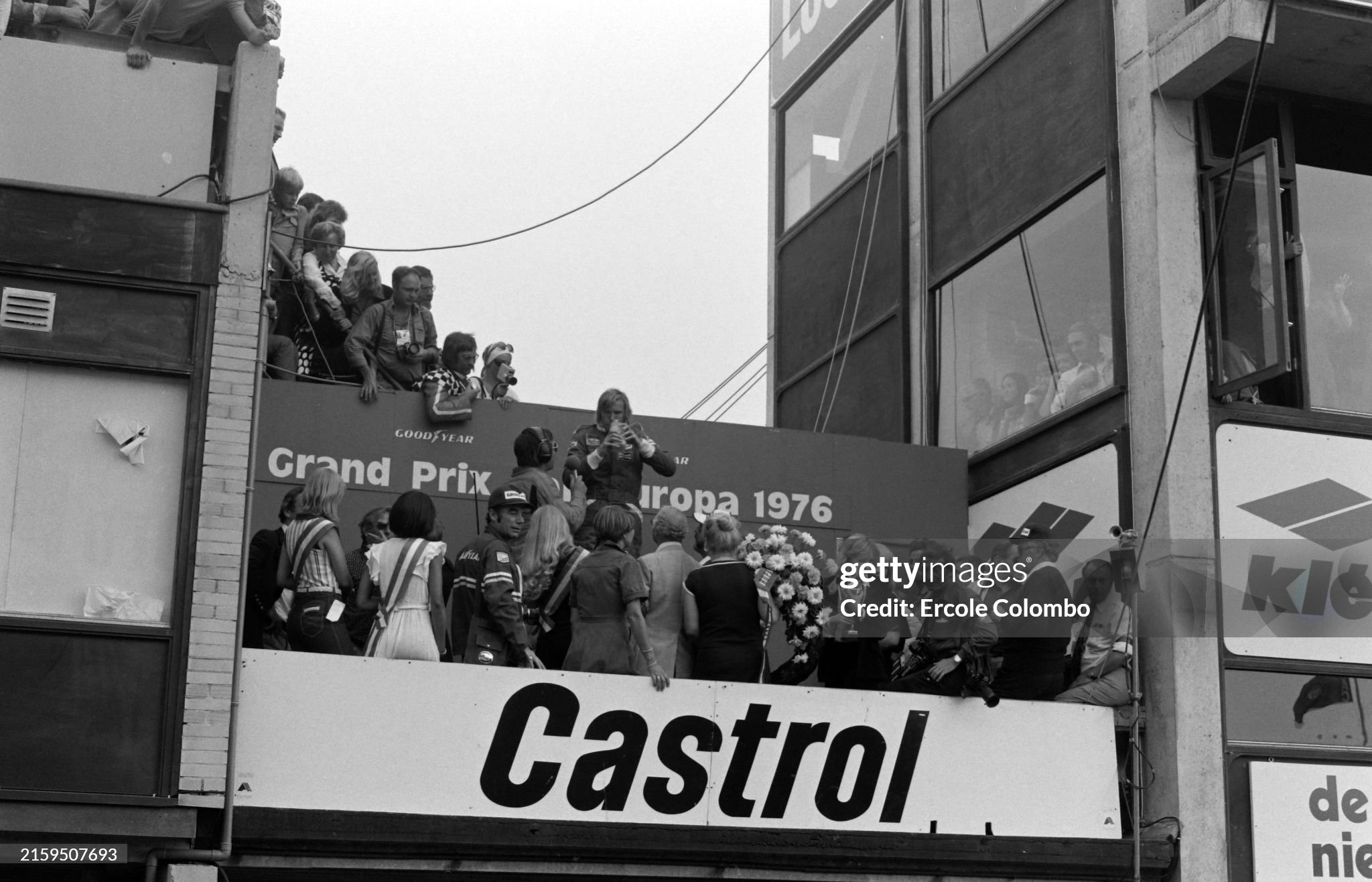 Race winner James Hunt, McLaren, celebrates on the podium after the Dutch Grand Prix at Zandvoort on 29 August 1976. 
