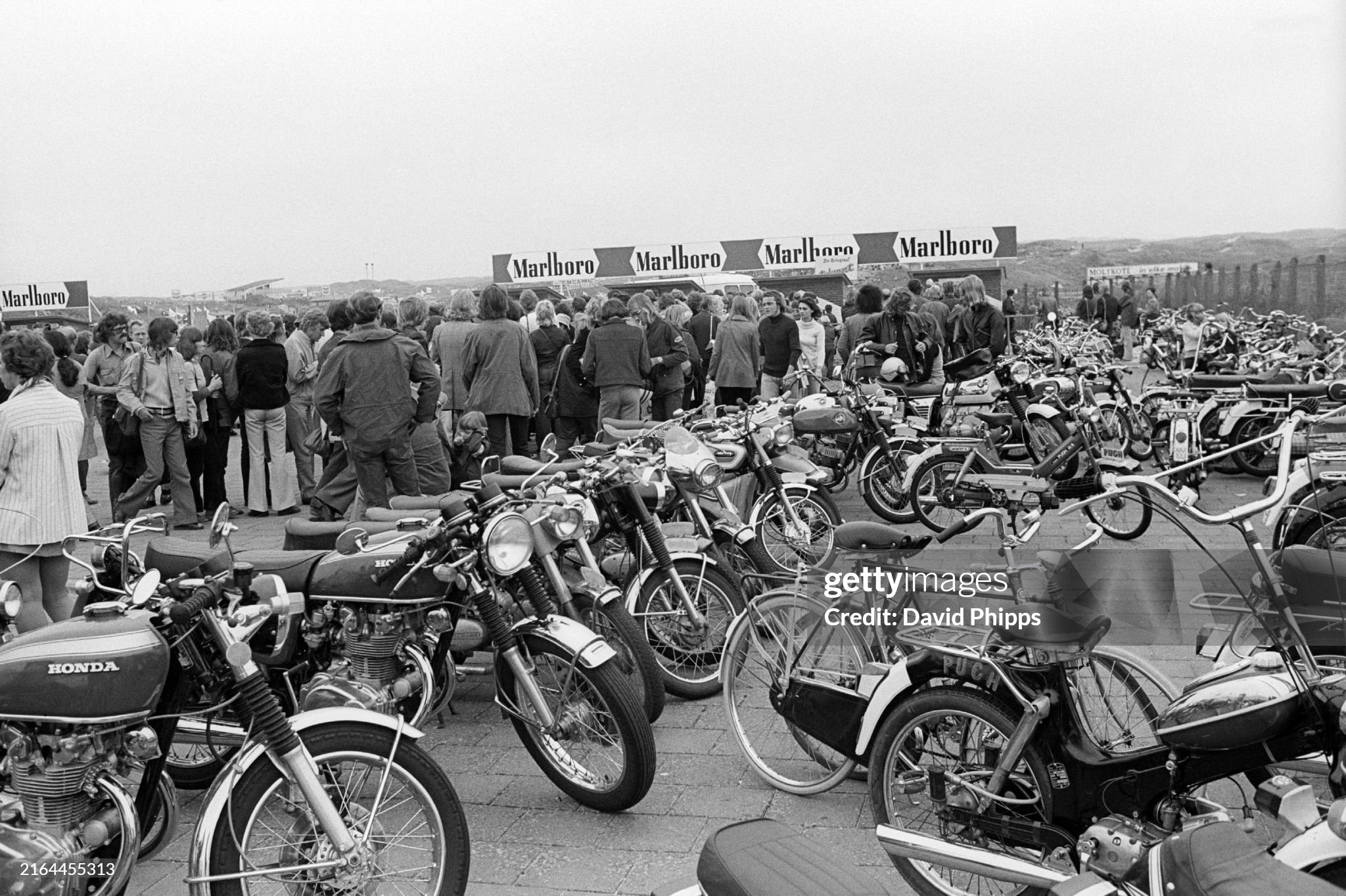 An impressive collection of motorbikes used by spectators to get to the Zandvoort circuit for the Dutch Grand Prix on 29 July 1973. 
