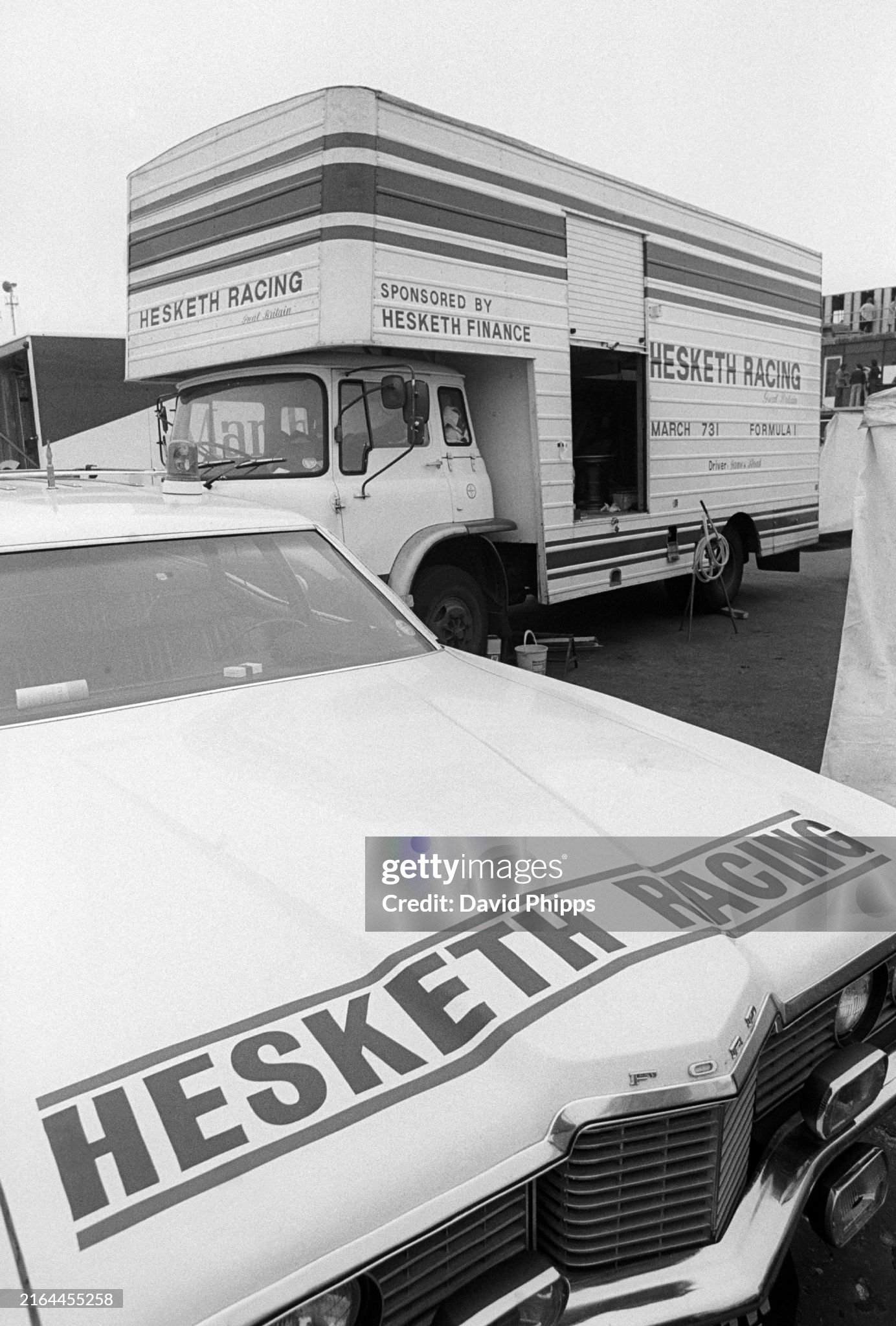 A Hesketh liveried Ford Galaxie and transporter for the team at the Dutch Grand Prix in Zandvoort on 29 July 1973. 