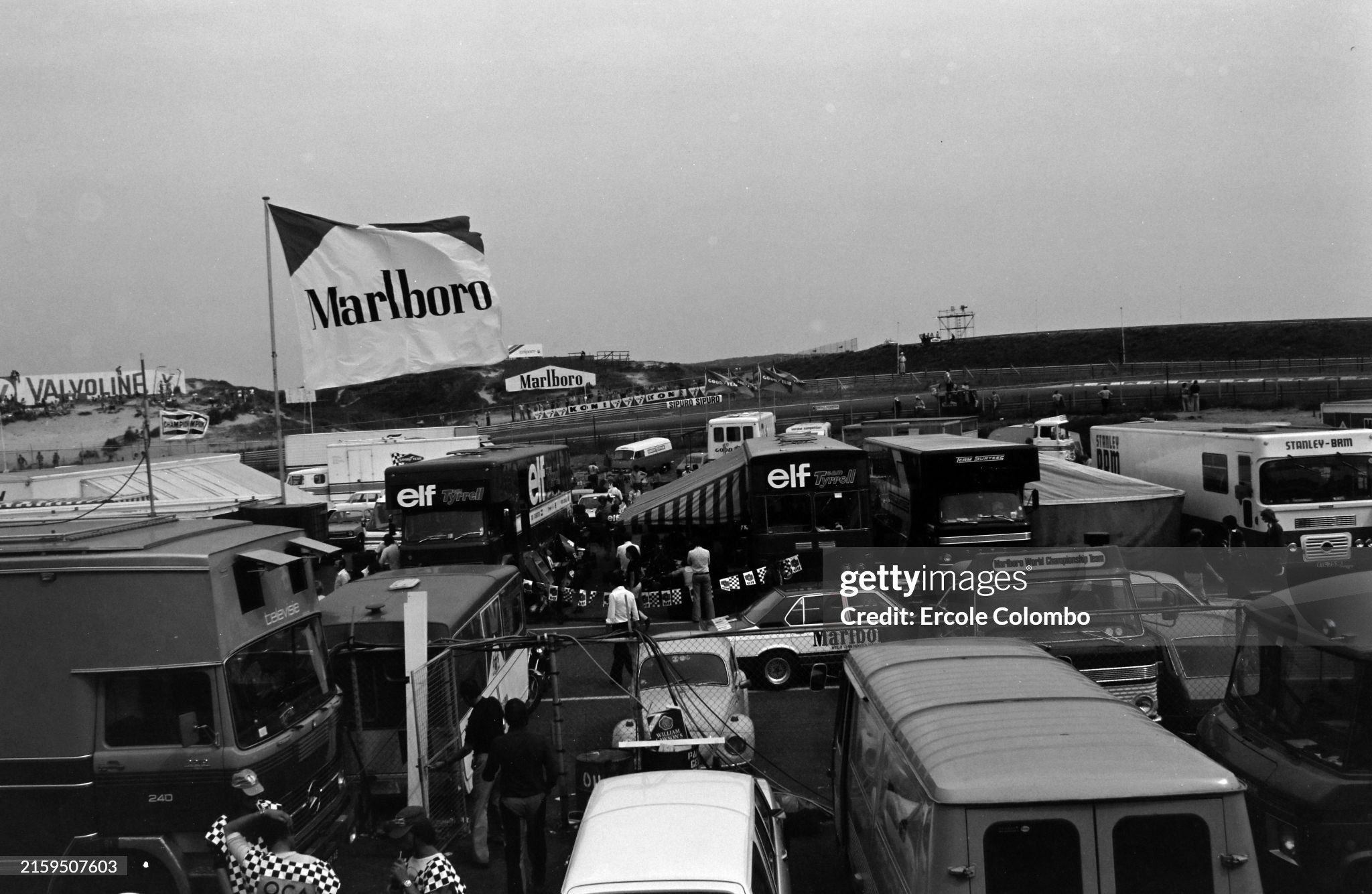 Team transporters parked up in the paddock at the Dutch Grand Prix in Zandvoort, Holland, on 22 June 1975. 