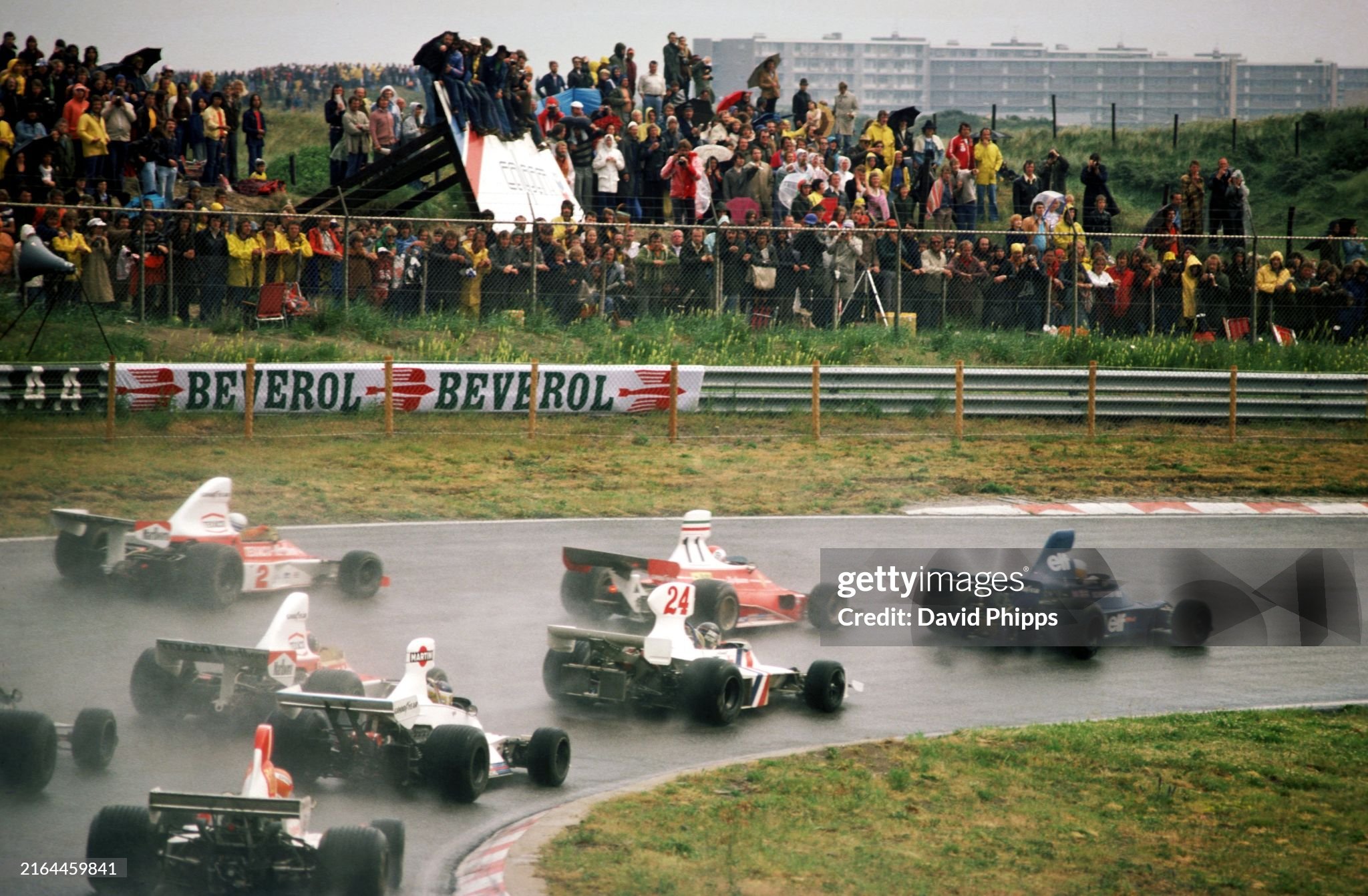 Jody Scheckter, Tyrrell 007, who started fourth on the grid, made a great start to lead the race in the wet conditions. However he dropped from third to sixteenth and last position when he blew his engine on the sixty-eighth lap of the Dutch Grand Prix in Zandvoort, Holland, on 22 June 1975. 