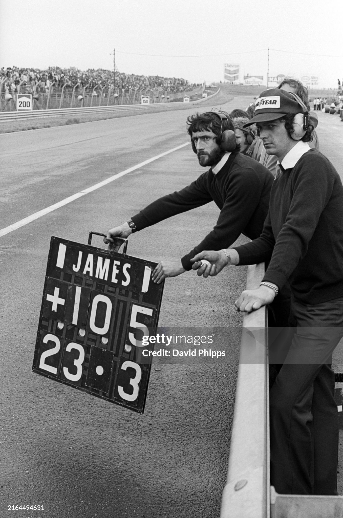 A Hesketh mechanic holds out the pit board from the pit wall for James Hunt, who went on to take his and Hesketh's first Grand Prix victory at the Dutch Grand Prix in Zandvoort, Holland, on 22 June 1975. 