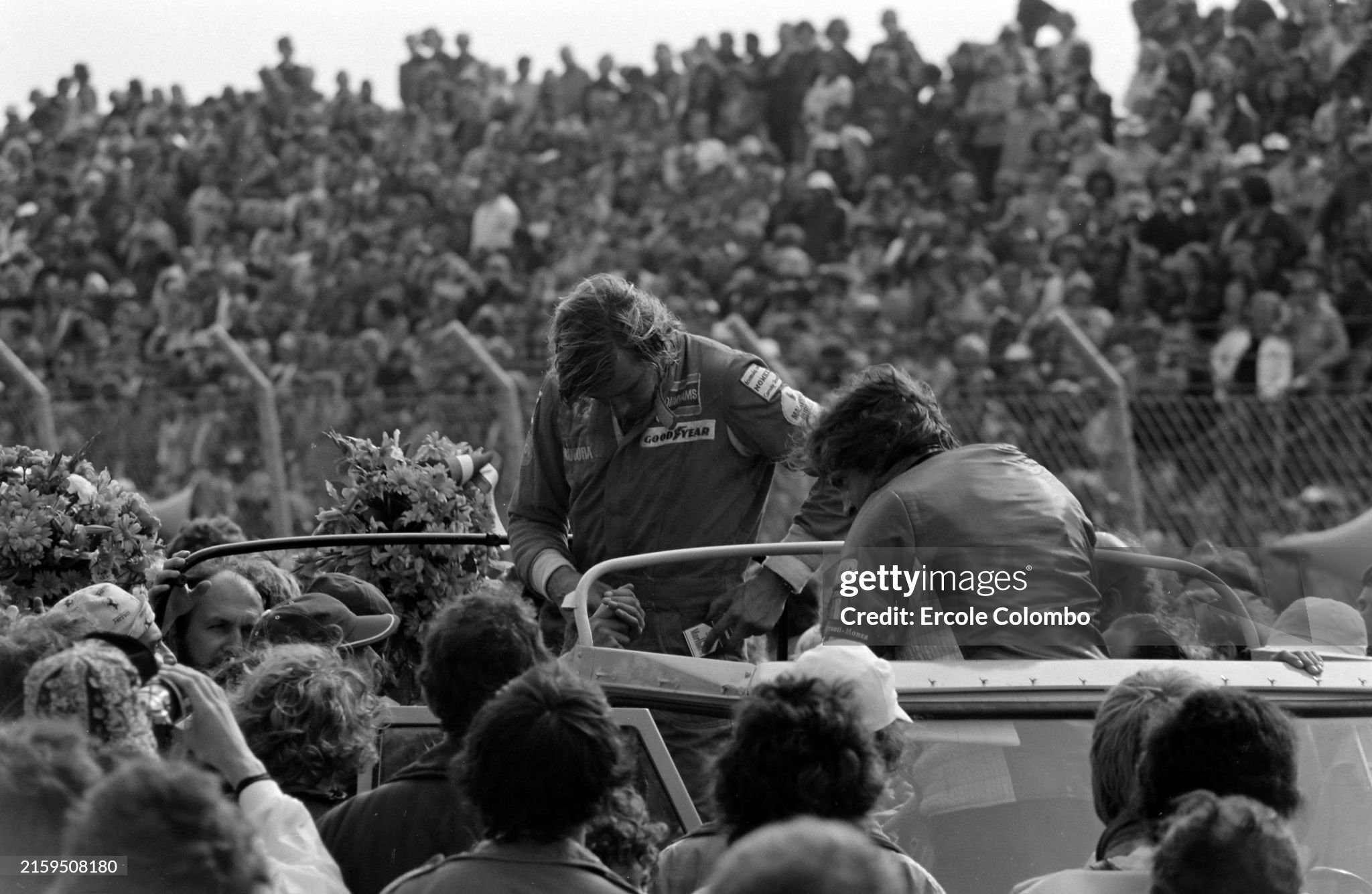 James Hunt celebrates his victory of the Dutch Grand Prix in Zandvoort, Holland, on 22 June 1975. 