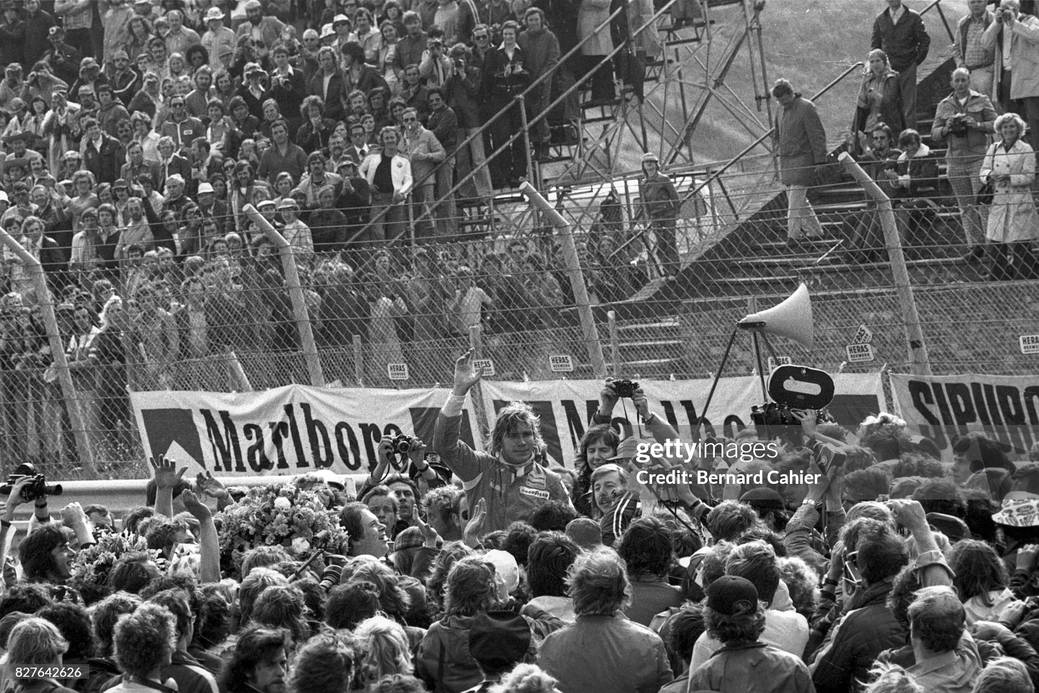 James Hunt enjoying the thrills of his first ever Grand Prix win after the Dutch Grand Prix in Zandvoort, Holland, on 22 June 1975. 