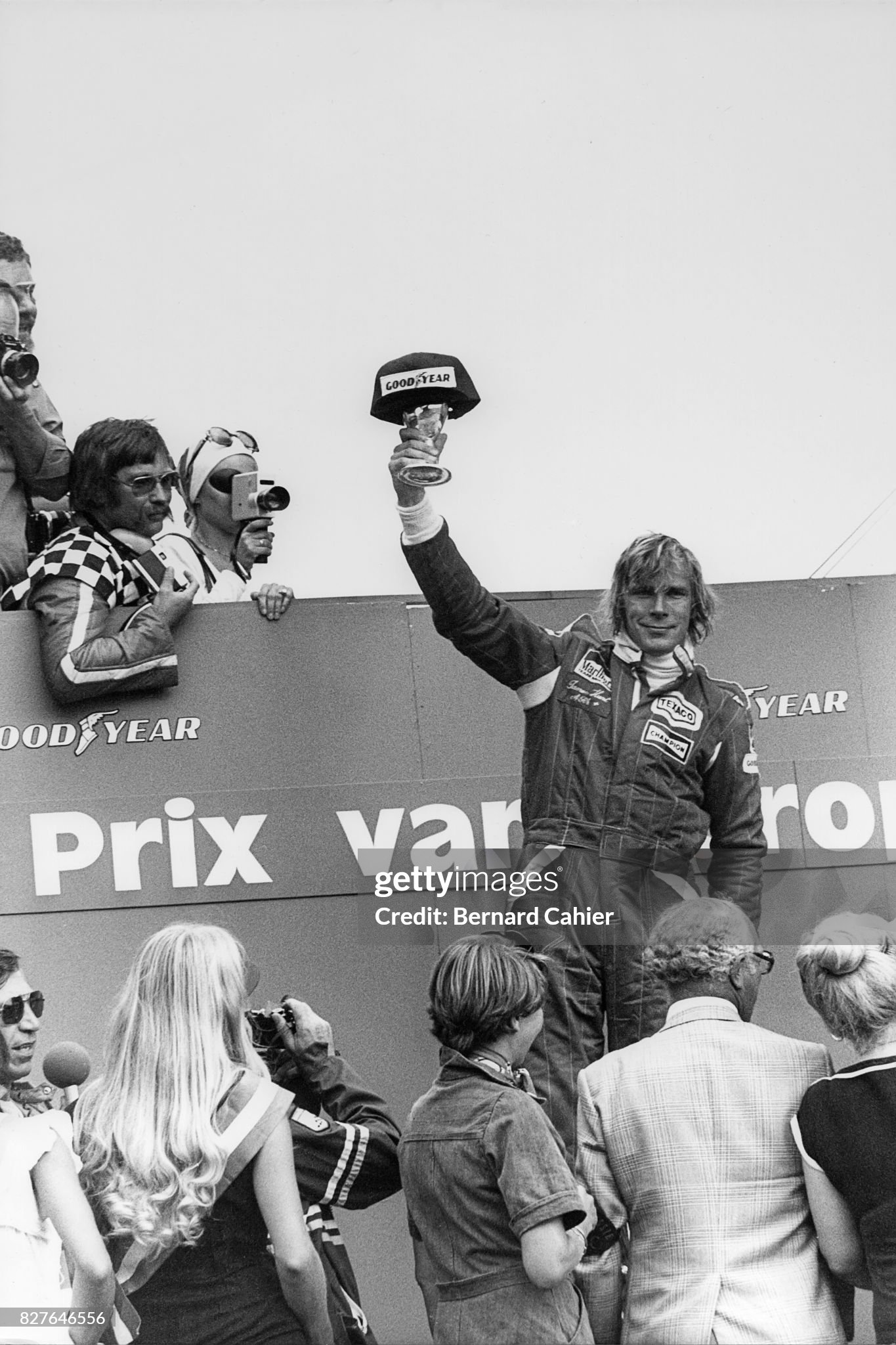 Race winner James Hunt, McLaren, celebrates on the podium after the Dutch Grand Prix at Zandvoort on 29 August 1976. 